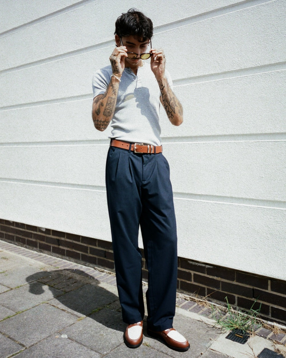Navy Blue Striped White Pinstripe Pants Outfit Pleated City Pant