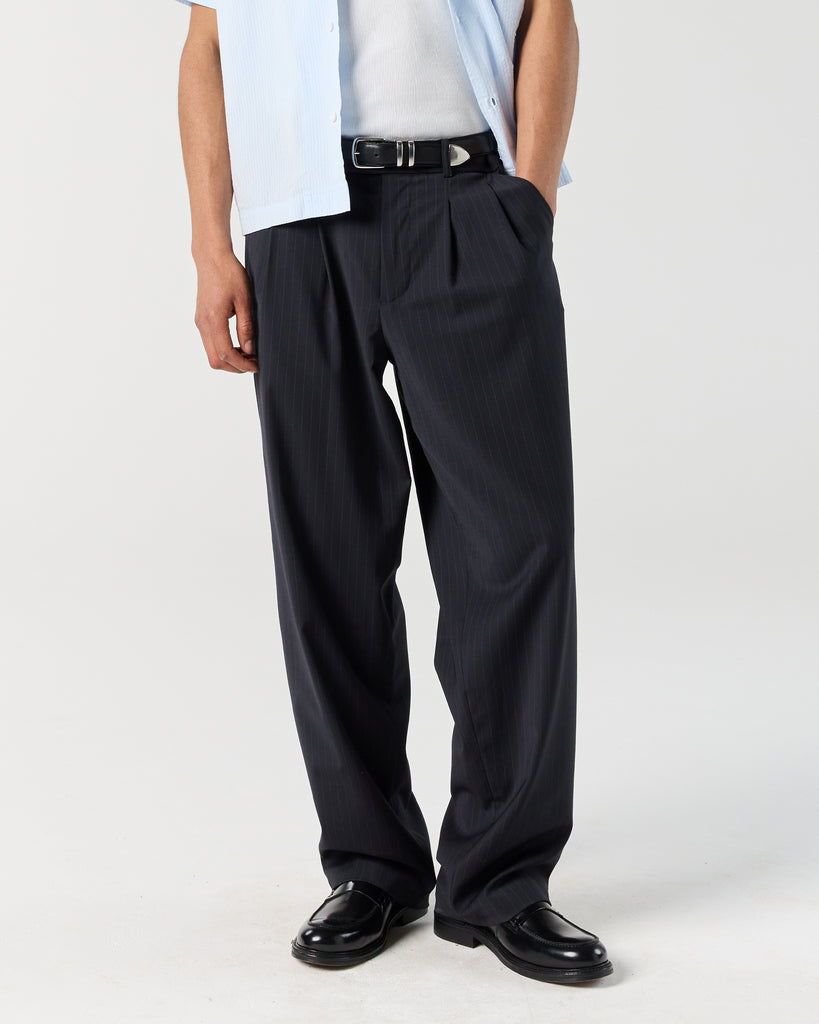 Wide Pleated Pant - Navy Pinstripe | RONNING, Everyday Uniform