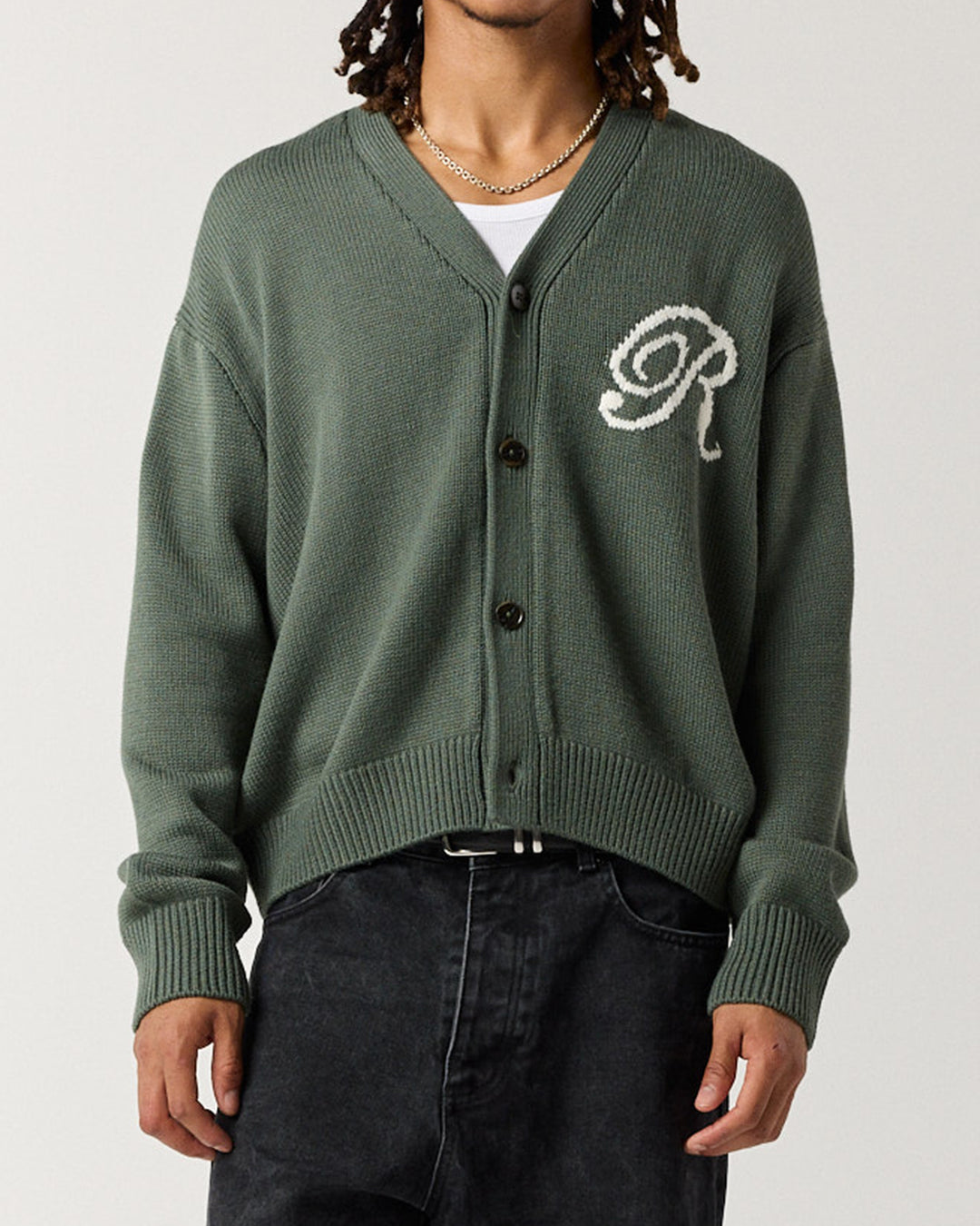 R Knit Cardigan - Sage Green | RONNING, Everyday Uniform