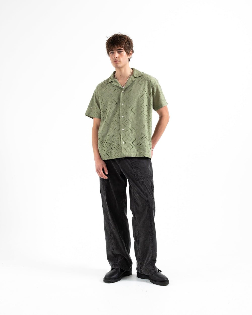 Lace Shirt | Cropped Cuban Style Shirt in Olive - RONNING