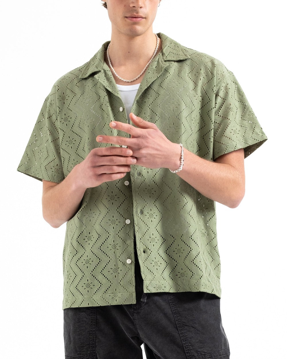 Lace Shirt | Cropped Cuban Style Shirt in Olive - RONNING